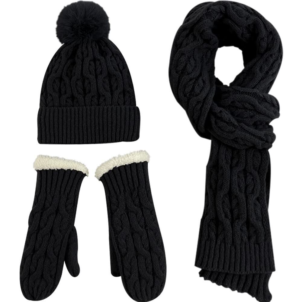 6472 Winter Beanie Scarf and Mittens Set Knitted Beanie Skull Cap with Faux